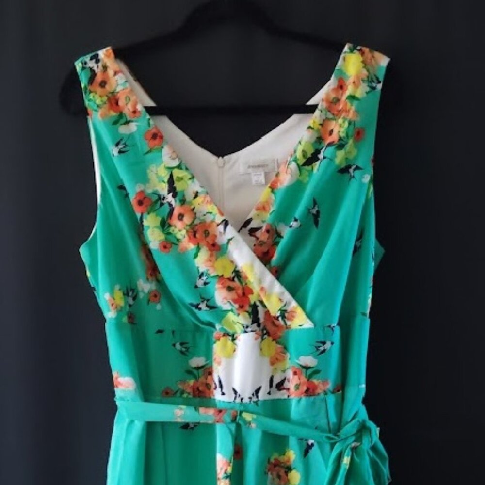 Dressbarn Dress Women 14 Green Floral Sheath Midi V-Neck Zipper Lined Belted